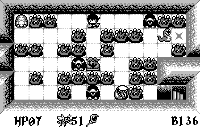 Screenshot from Void Stranger. Shows a top-down view of a dungeon on a grid. The hero stands in a room full of miserable looking monsters. Hands with eyes, snakes, bears, worm boys, and a smiley guy block the path.