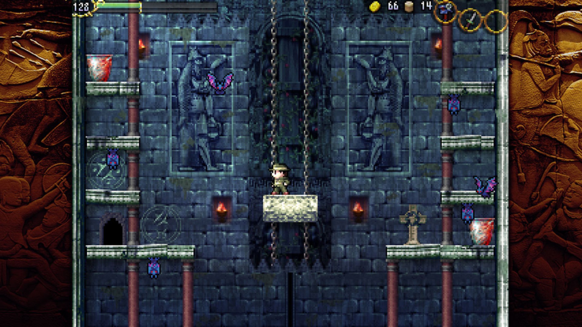 Screenshot from Void Stranger. Shows a top-down view of a dungeon on a grid. The hero stands in front of a strange, ominous statue of a demon, covered in shadow.