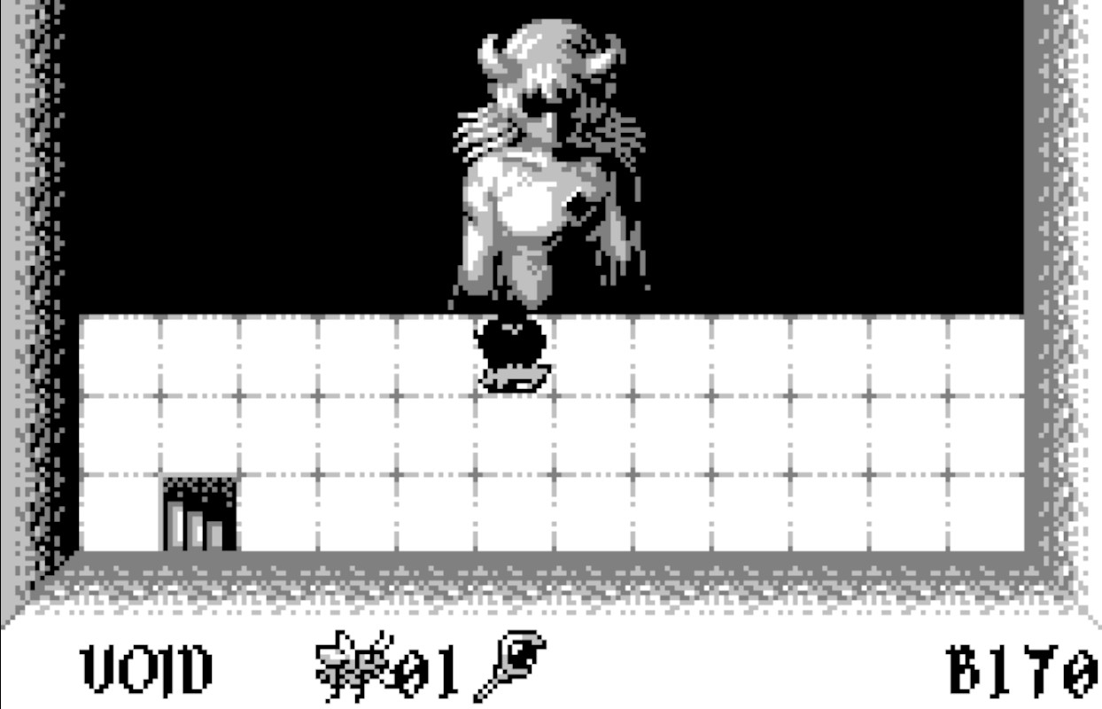 Screenshot from Void Stranger. Shows a top-down view of a dungeon on a grid. The hero stands in front of a strange, ominous statue of a demon, covered in shadow.