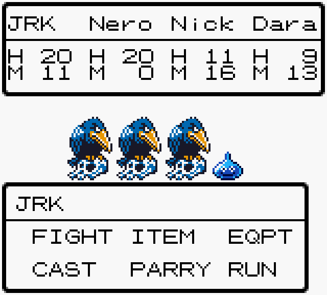 Dragon Warrior 3 (game boy color) screenshot. Shows your party fighting some crows in battle.'
