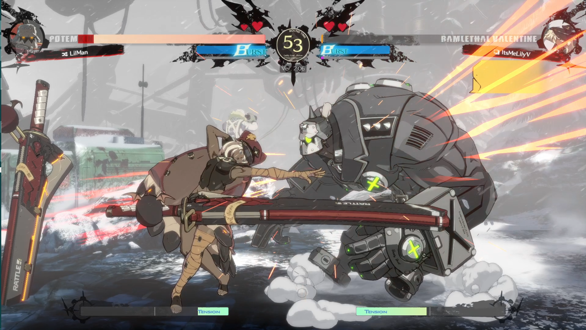 Guilty Gear Strive screenshot. Shows a Ramlethal with 1 hp hitting a Potemkin. I won this round, by the way.
