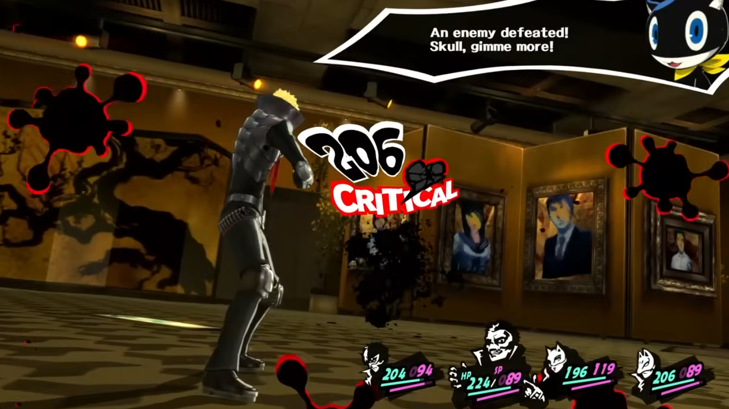 Persona 5 screenshot. Skull gets a critical hit during battle. Morgana says 'an enemy defeated! Skull, gimme more!'